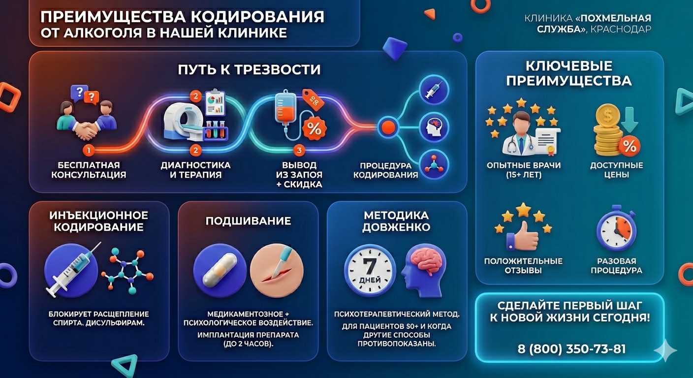 Инфографика о методах кодирования от алкоголя в Краснознаменске: инъекции, подшивание, метод Довженко. Преимущества клиники и этапы лечения.