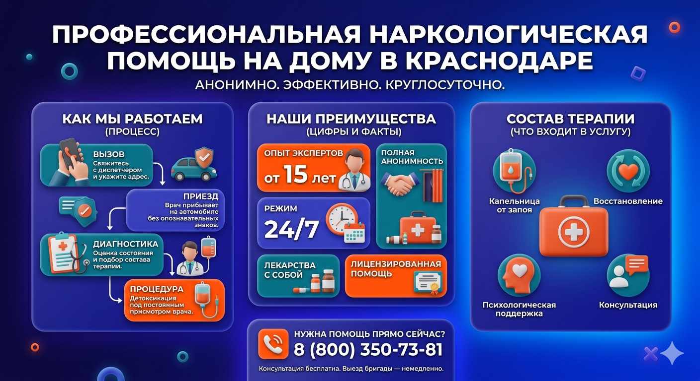 Инфографика о принципах лечения алкоголизма на дому в Краснознаменске: этапы вызова нарколога, преимущества анонимной детоксикации и состав медицинской помощи.